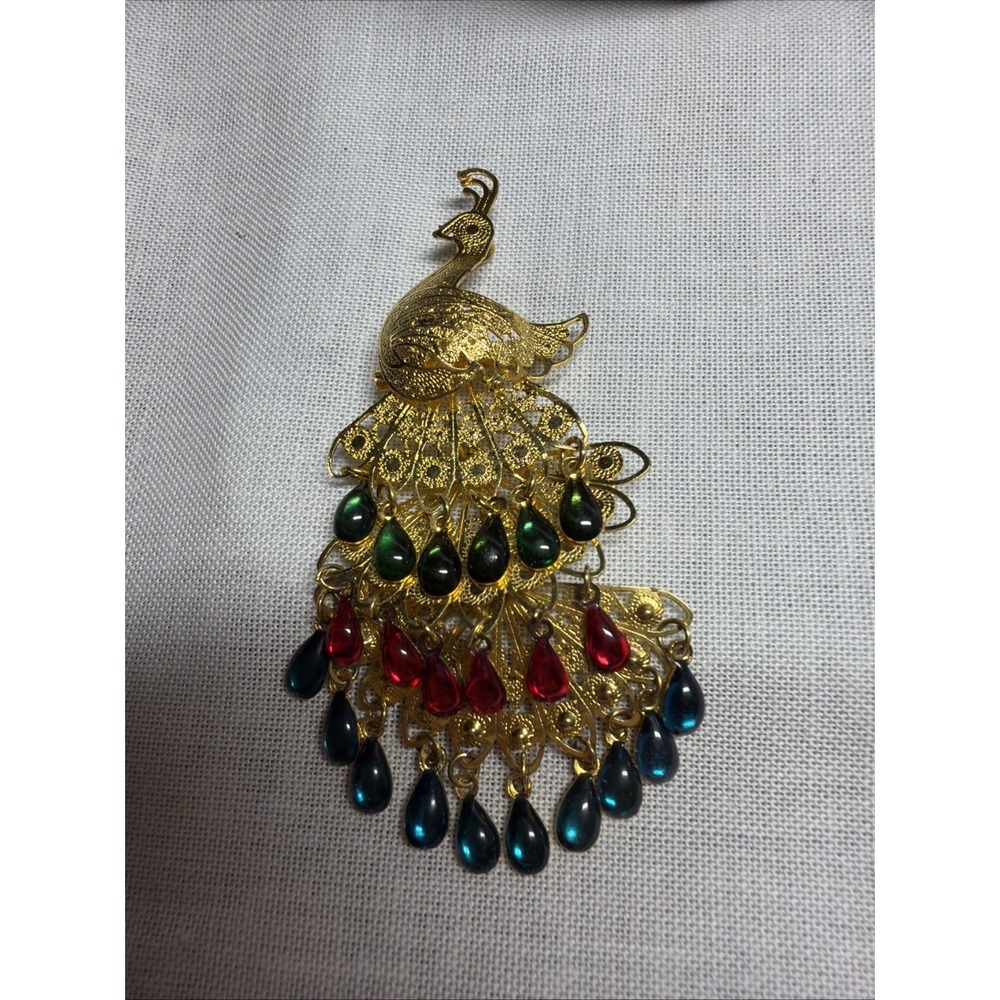 Vintage Gold Tone Floating Articulated Gem Peacock Bird Pendant Pin